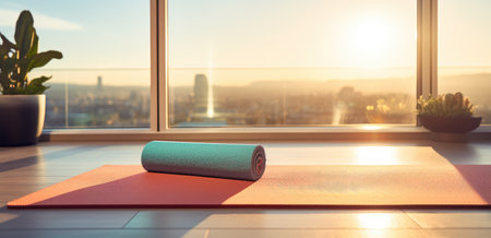 blue yoga mat in front of a window.の素材