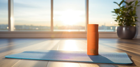 blue yoga mat in front of a window.の素材