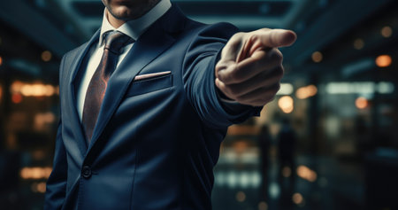 Businessman pointing his finger at the camera in a modern office.の素材