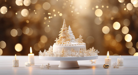 christmas wedding cake with tree and snowflakes in the background.の素材