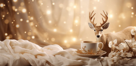 christmas deer mug with lights on the bed.の素材