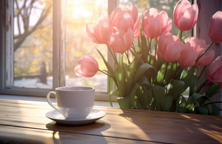 coffee cup on the table next to tulips and a vase.の素材