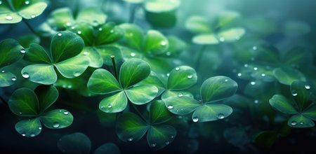 clover leaves and grasses near green background with water droplets.の素材