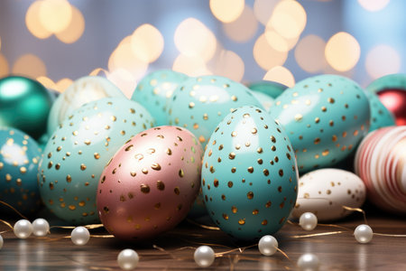 colorful easter eggs on a table against a blurred background,.の素材
