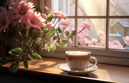 coffee cup on the table next to tulips and a vase.の素材