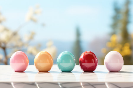 colored easter eggs in a wooden table and spring blossoms.の素材