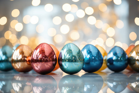 colored easter eggs in a wooden table and spring blossoms.の素材