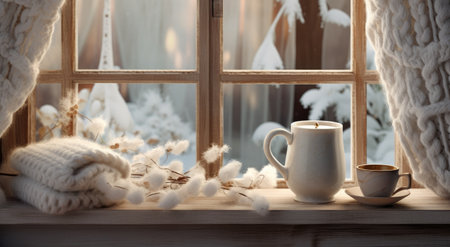 coffee cup and winter decor in window of a window,.の素材
