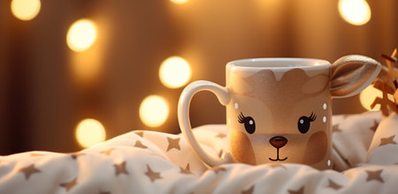 cute reindeer mug in bed.の素材
