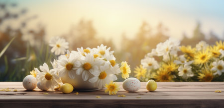 easter eggs and flowers in the middle of a wooden table.の素材