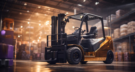 forklift in a warehouse moving forward against the blurred background of large buildings.の素材