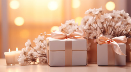 gifts with ribbons and flowers on pink background.の素材