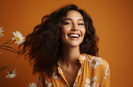girl smile with a daisy in her hand on orange background.の素材