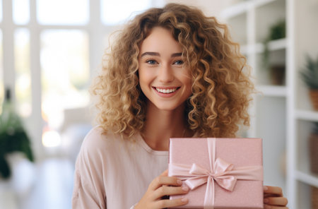 happy young woman smiling happy and holding pink present.の素材
