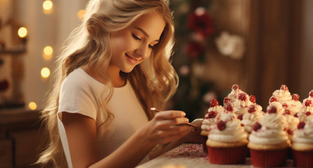 in front of a table, young girl is putting frosting on cupcakes.の素材