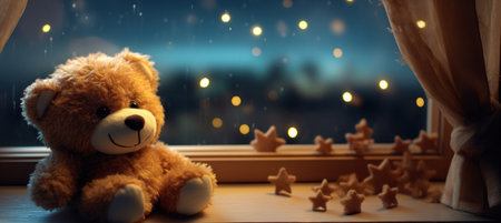 little teddy bear with stars on an empty windowsill.の素材