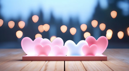 pink and blue heartshaped background wooden frame on bokeh background.の素材