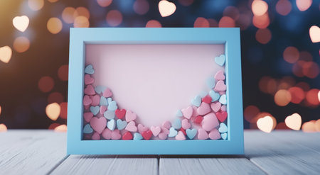 pink and blue heartshaped background wooden frame on bokeh background.の素材