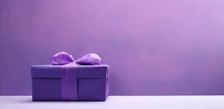 purple present box on a table with dark purple wall.の素材