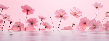 pink flowers floating on the pink surface, copy space.の素材
