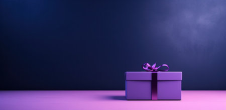 purple present box on a table with dark purple wall.の素材