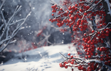 red berries in the snow on the wooden background.の素材