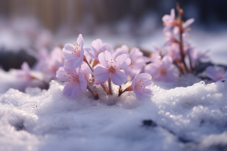 scrocicoles bloom in the snow during the spring.の素材