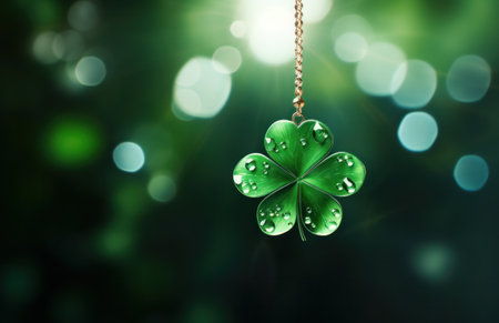 shamrock leaf hanging above green background.の素材