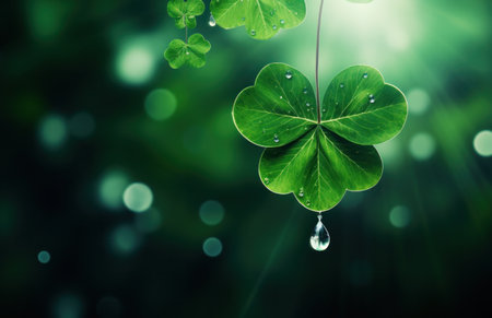 shamrock leaf hanging above green background.の素材