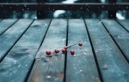 snow falling on the wooden deck,.の素材