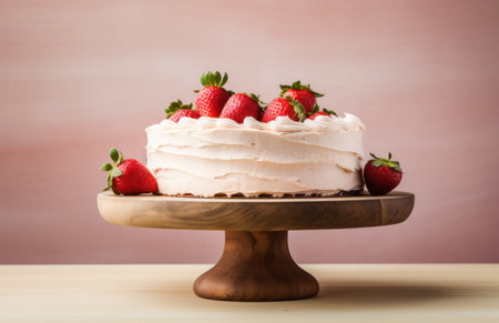 strawberry cake on a wooden plate.の素材