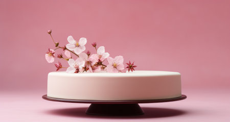 the camera shows a white cake standing next to spring flower.の素材