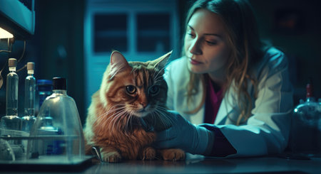 female veterinarians examine a cat together,.の素材