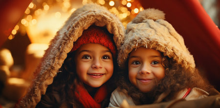 two little girls sitting in car on Christmas,.の素材