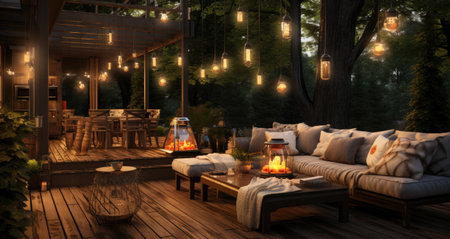 a deck space with lots of seating and lanterns light up with trees.の素材