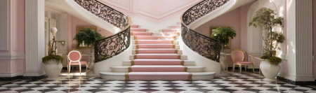 a foyer with staircase and pink marble and checkerboard flooring.の素材