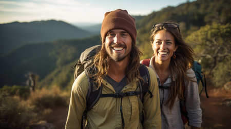 Portrait of smiling couple with backpacks standing on mountain trail during hikeの素材