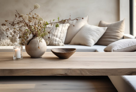 a wooden table on top of an oak couch.の素材