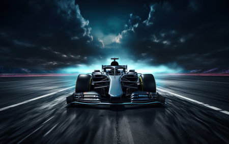 an image of a racing car at night in an empty race track,.の素材