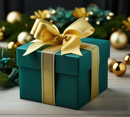 an image of a green gift box with gold wrapping ribbon.の素材