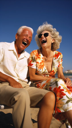 A couple laughing and playing on the beach, soaking up the sun and enjoying each other's company.の素材