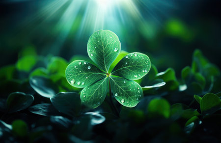 four leaf clover on a green leafy background.の素材