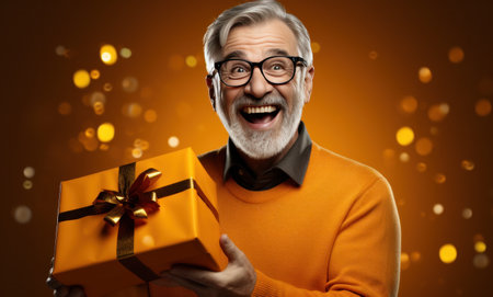happy man in glasses holding a yellow gift box.の素材