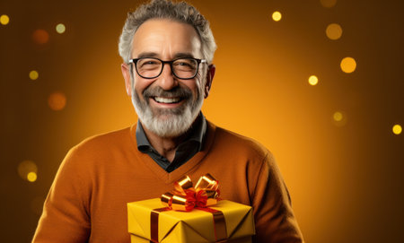 happy man in glasses holding a yellow gift box.の素材