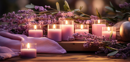 lavender candle is placed next to several candles on the wooden bench.の素材