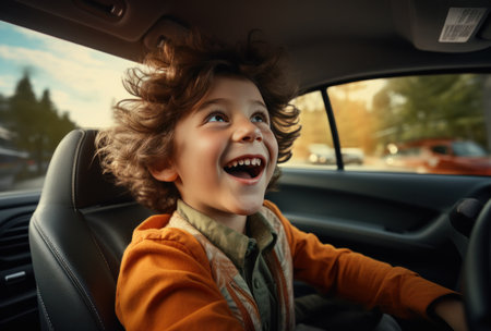 little boy drives with father,.の素材