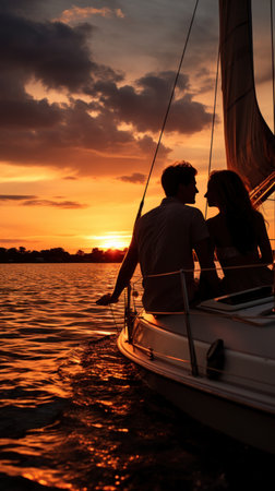 A couple on a sailboat, enjoying the beautiful sunset.の素材