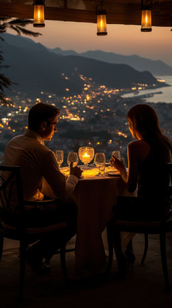 A couple enjoying a candlelit dinner at a fancy restaurant with a stunning viewの素材