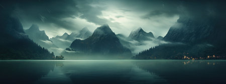 this is an abstract lake in an environment with mountains.の素材