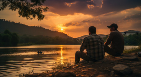 two men watch another person while fishing.の素材